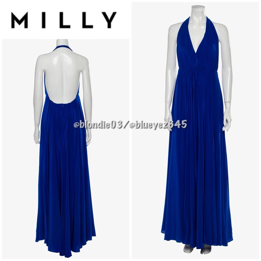 Milly Silk Shirred low back halter dress in royal cobalt blue 4